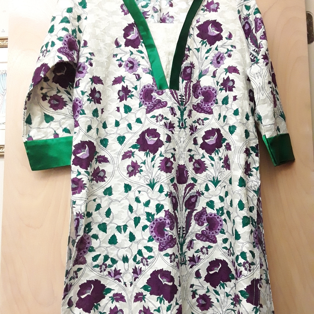 Green Purple Silk Boho Dress L  XL Tunic Kaftan